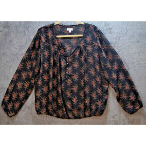 C & C California Black Floral Peasant Blouse XL Long Sleeve‎ Boho Button Front